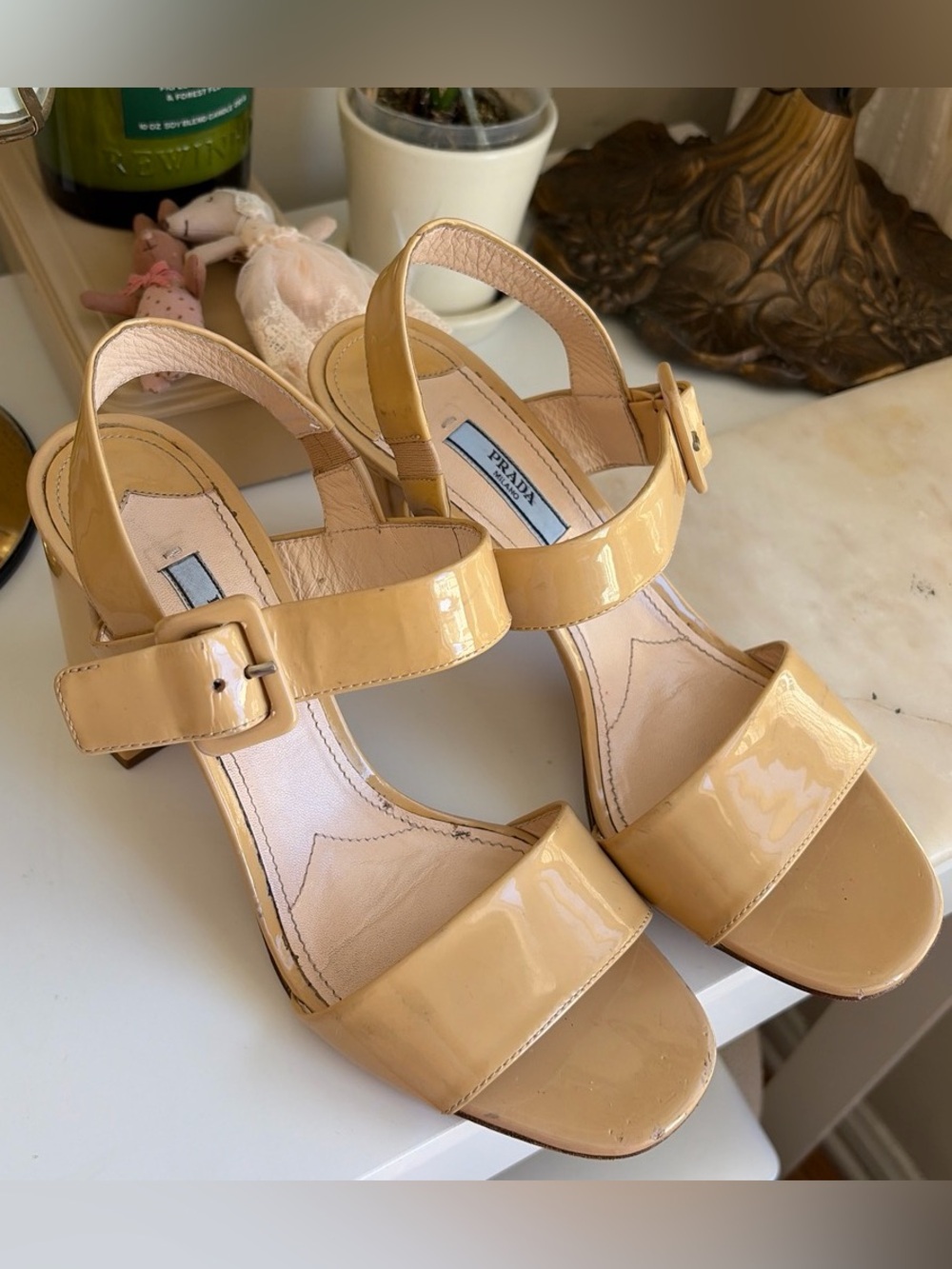 Prada Beige Patent Leather Slingback Sandals